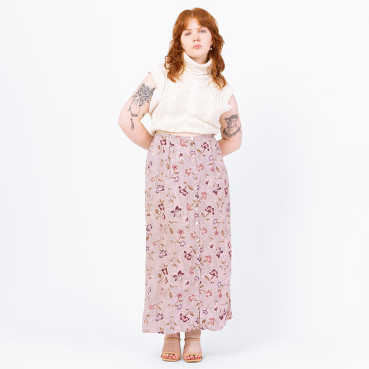 Vintage 90s Dusty Lilac Floral Maxi Skirt - Medium to Large, 29"-32" Waist | Boho Purple High Waisted Button Up Long Summer Skirt