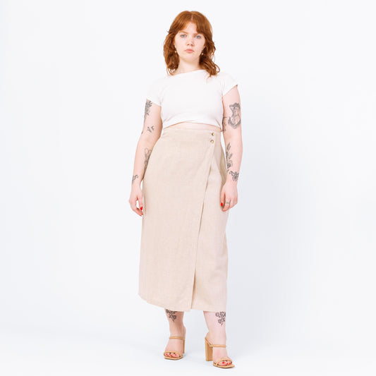 Vintage 90s Ecru Linen Maxi Wrap Skirt - Medium, 30” Waist | Minimalist High Waisted Long Oatmeal Skirt