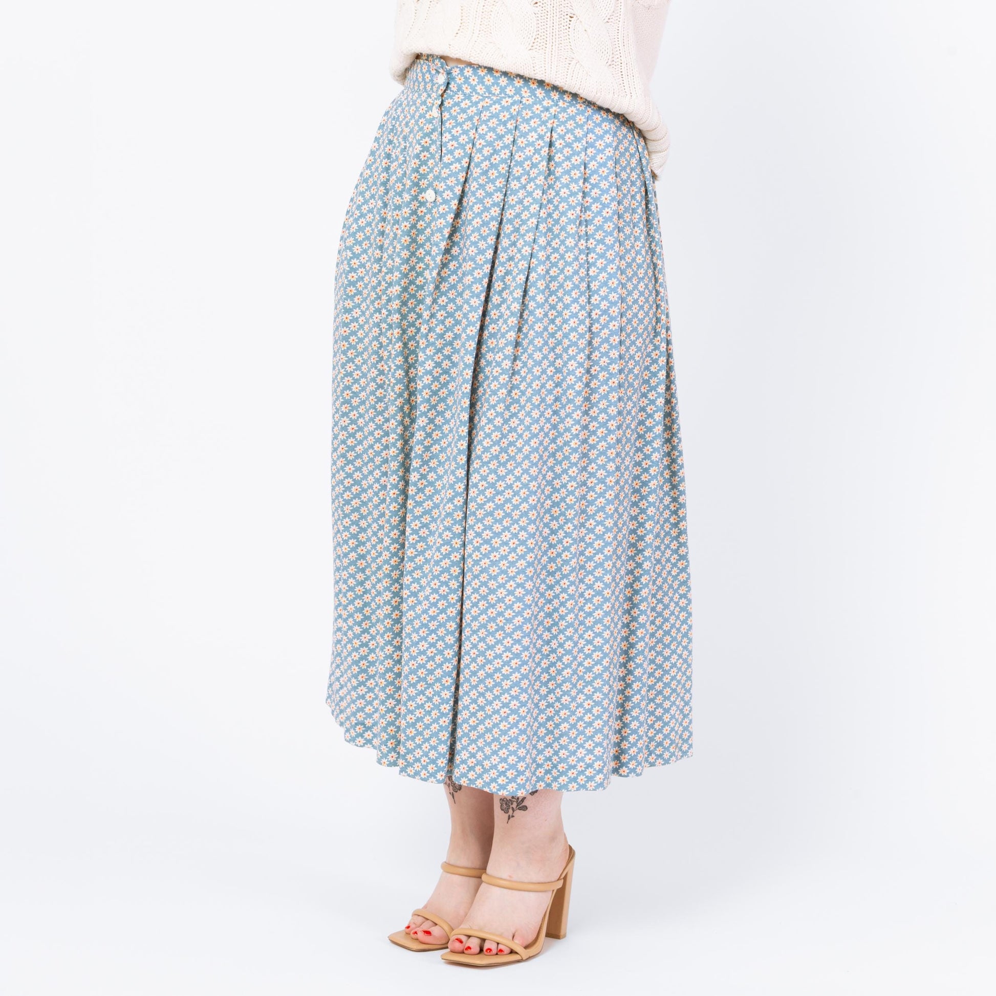 Vintage 90s Blue Daisy Floral Print Maxi Skirt - Large, 31"-32" Waist | High Waisted Pleated Boho Long Pocket Skirt