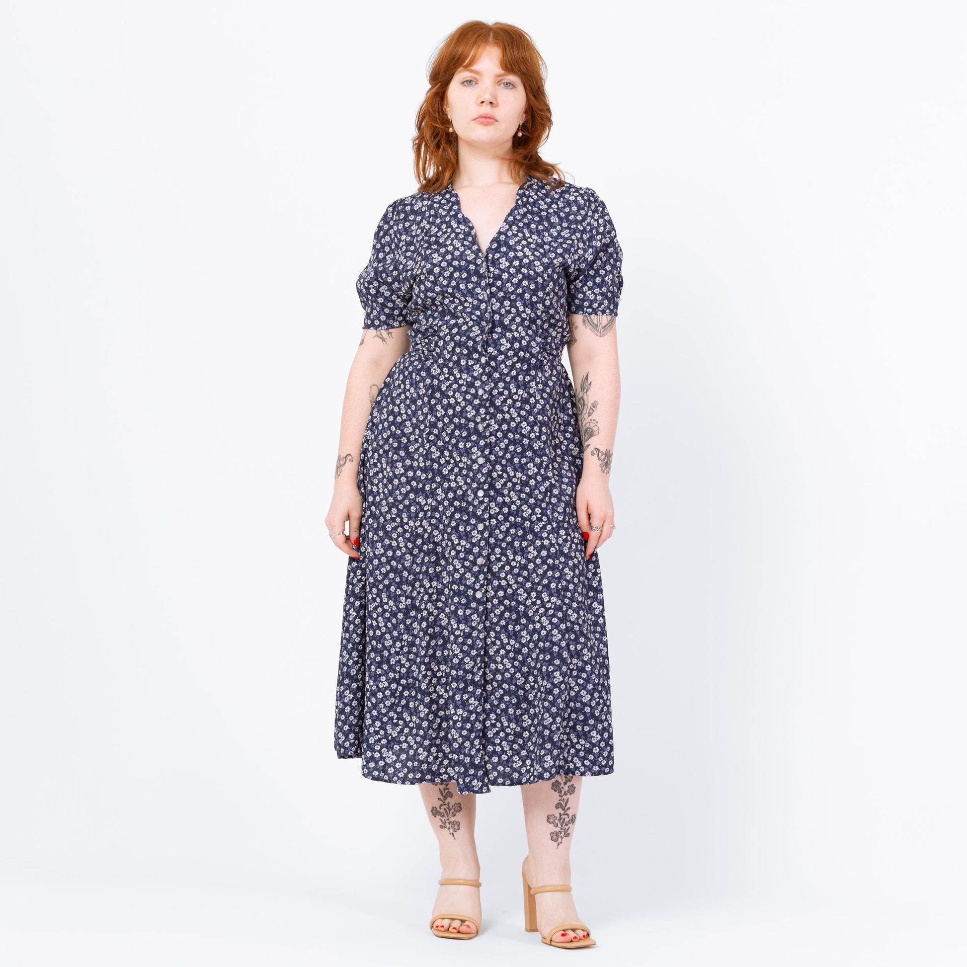 Vintage 90s Blue Floral Puff Sleeve Midi Dress - Medium | Boho Button Up Short Sleeve Shirtdress