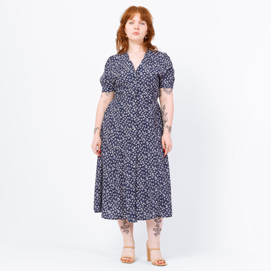 Vintage 90s Blue Floral Puff Sleeve Midi Dress - Medium | Boho Button Up Short Sleeve Shirtdress