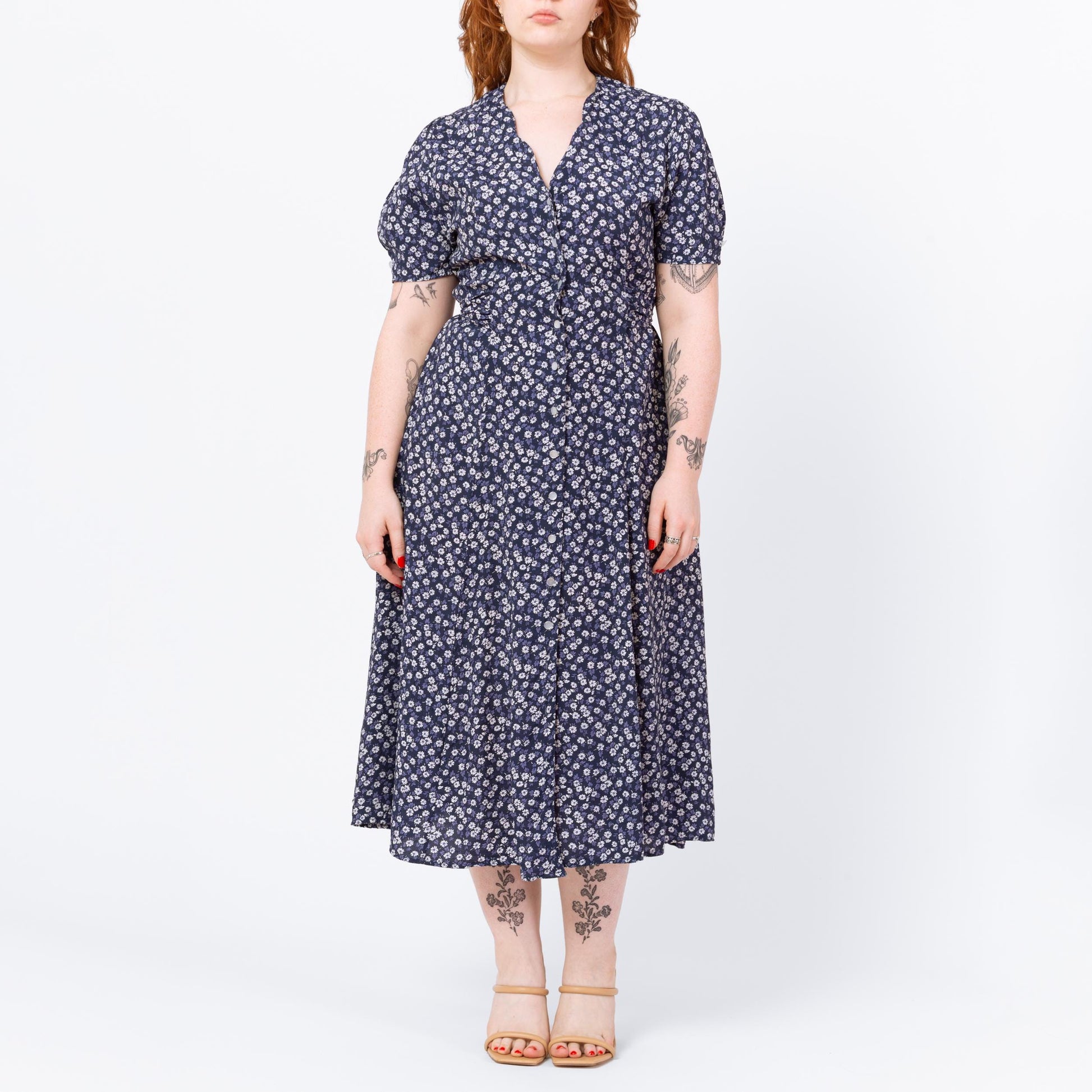 Vintage 90s Blue Floral Puff Sleeve Midi Dress - Medium | Boho Button Up Short Sleeve Shirtdress