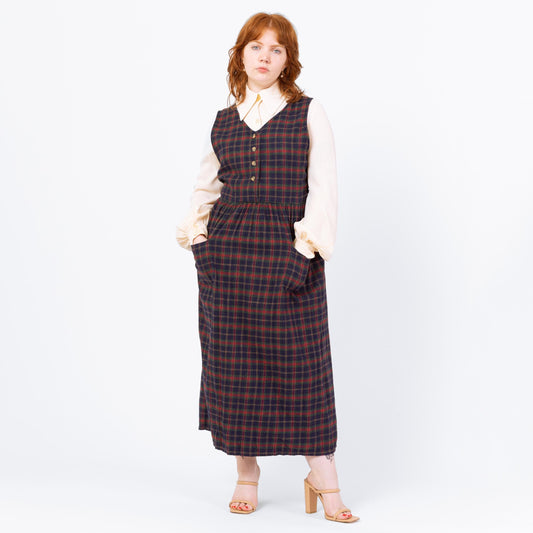 Vintage 90s Navy Blue & Red Plaid Flannel Pinafore Dress - Large | Retro Woolrich Soft Cotton Button Up Maxi Dress With Pockets