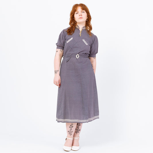 Vintage 1940s Navy Blue & White Polka Dot Shirtdress - Medium | Retro Belted Short Sleeve Shirtwaist Midi Dress