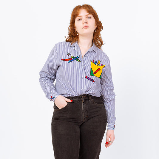 Vintage 90s Box Of Crayons Novelty Applique Shirt - Medium | Blue Striped Button Up Long Sleeve Blouse, Gift For School Teacher