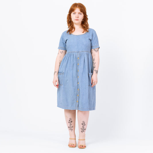 Vintage 90s Chambray Babydoll Midi Dress - Large | Grunge Light Wash Blue Jean Short Sleeve Pocket Dress
