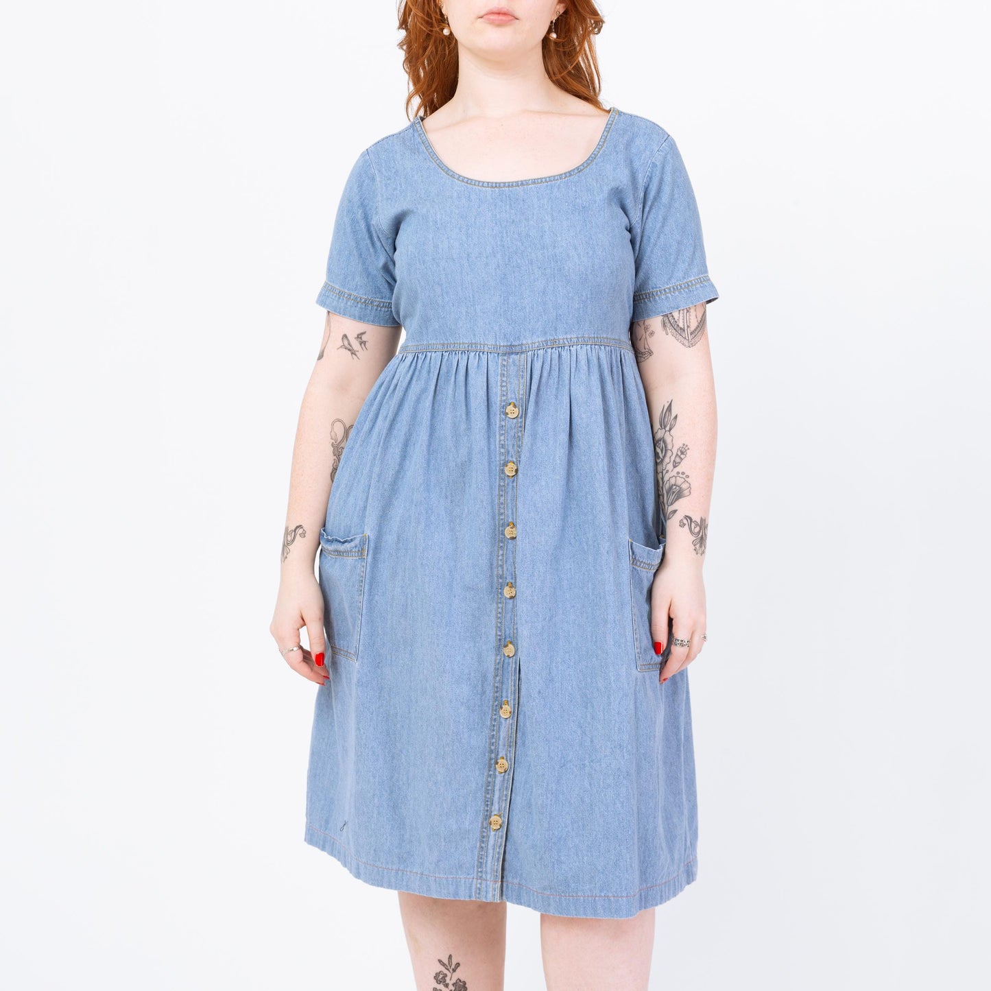 Vintage 90s Chambray Babydoll Midi Dress - Large | Grunge Light Wash Blue Jean Short Sleeve Pocket Dress