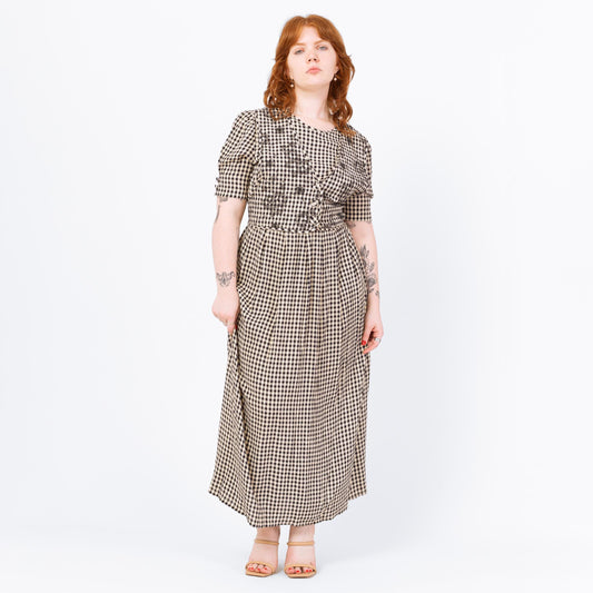 Vintage 90s Gingham Floral Vest Maxi Dress - Medium | Button Up Short Sleeve Long Grunge Dress