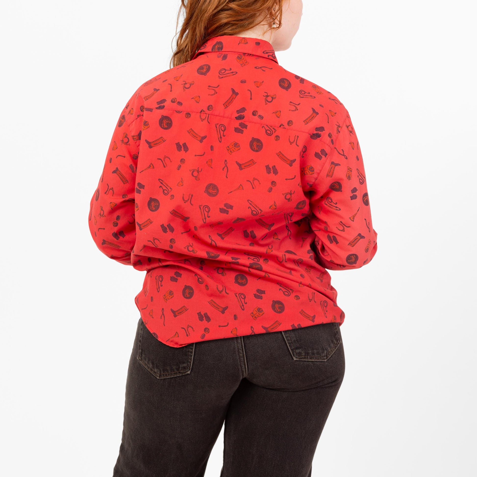 Vintage 80s Red Western Novelty Print Button Up Shirt- Medium | Retro Cowboy Boot Long Sleeve Collared Top