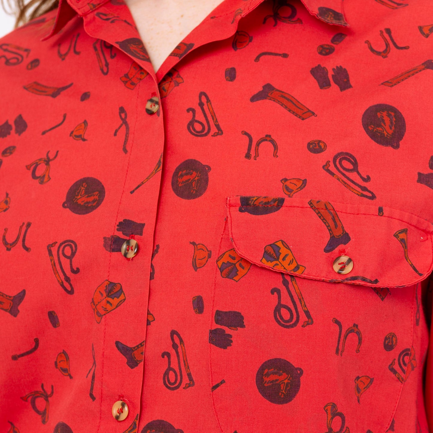 Vintage 80s Red Western Novelty Print Button Up Shirt- Medium | Retro Cowboy Boot Long Sleeve Collared Top