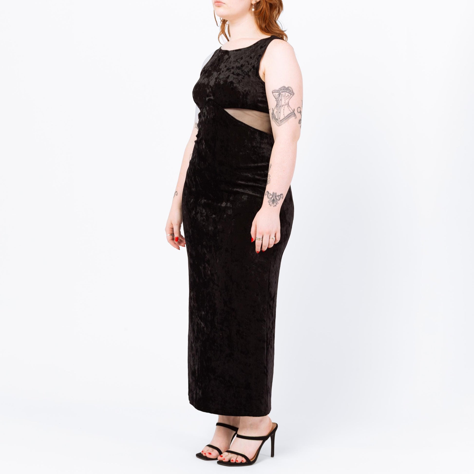Vintage 90s Black Velvet Mesh Cut Out Waist Maxi Dress - Large | Sleeveless Bodycon Fitted Slinky Sexy Cocktail Party Dress