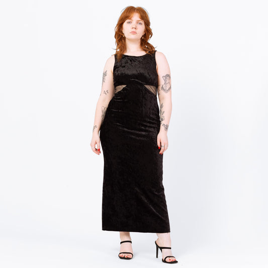 Vintage 90s Black Velvet Mesh Cut Out Waist Maxi Dress - Large | Sleeveless Bodycon Fitted Slinky Sexy Cocktail Party Dress