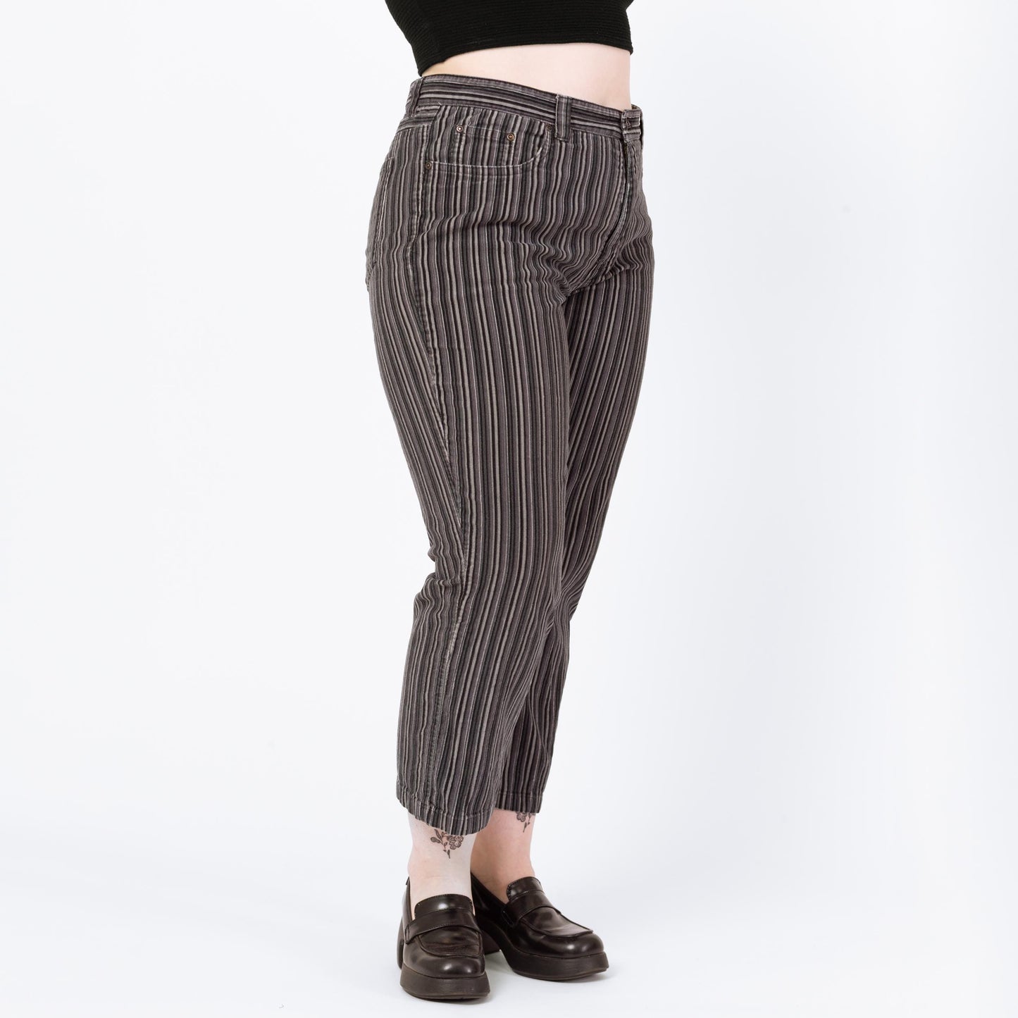 Vintage 90s Black & Grey Pinstripe Corduroy Pants - Petite Large, 34" Waist | Straight Leg Cropped Ankle Trousers, Punk Striped Cords