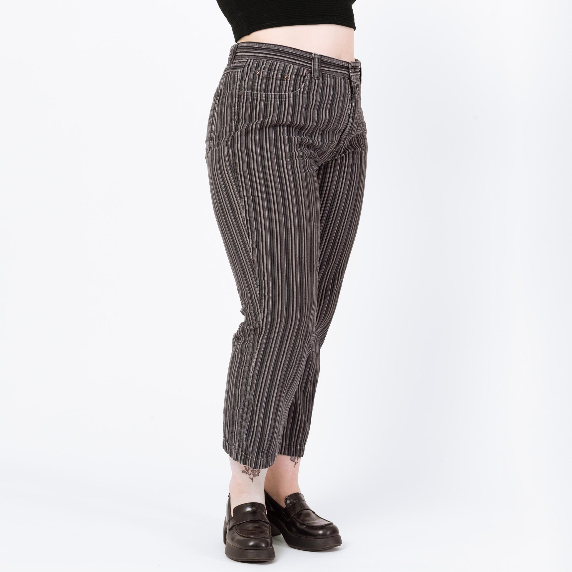 Vintage 90s Black & Grey Pinstripe Corduroy Pants - Petite Large, 34" Waist | Straight Leg Cropped Ankle Trousers, Punk Striped Cords