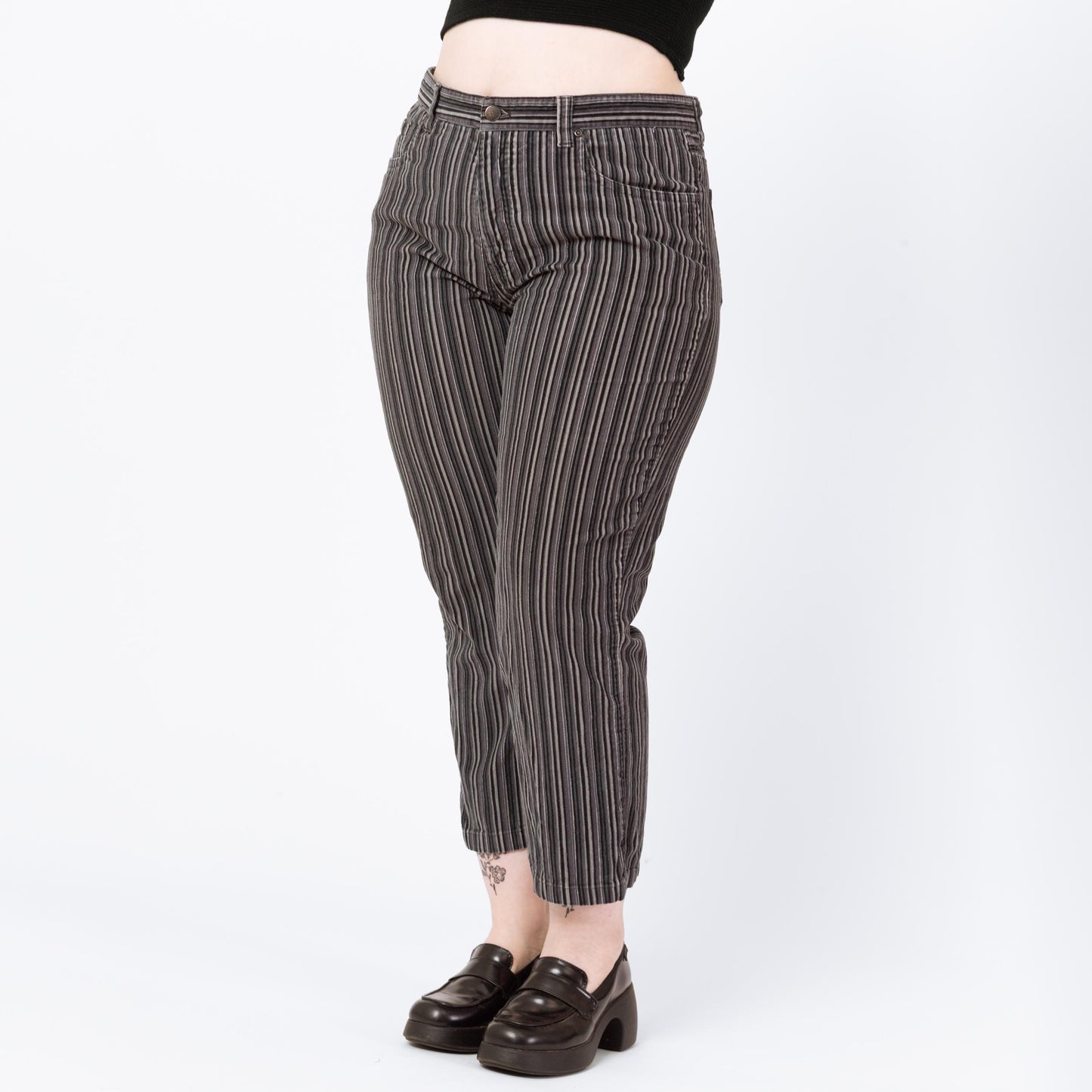 Vintage 90s Black & Grey Pinstripe Corduroy Pants - Petite Large, 34" Waist | Straight Leg Cropped Ankle Trousers, Punk Striped Cords