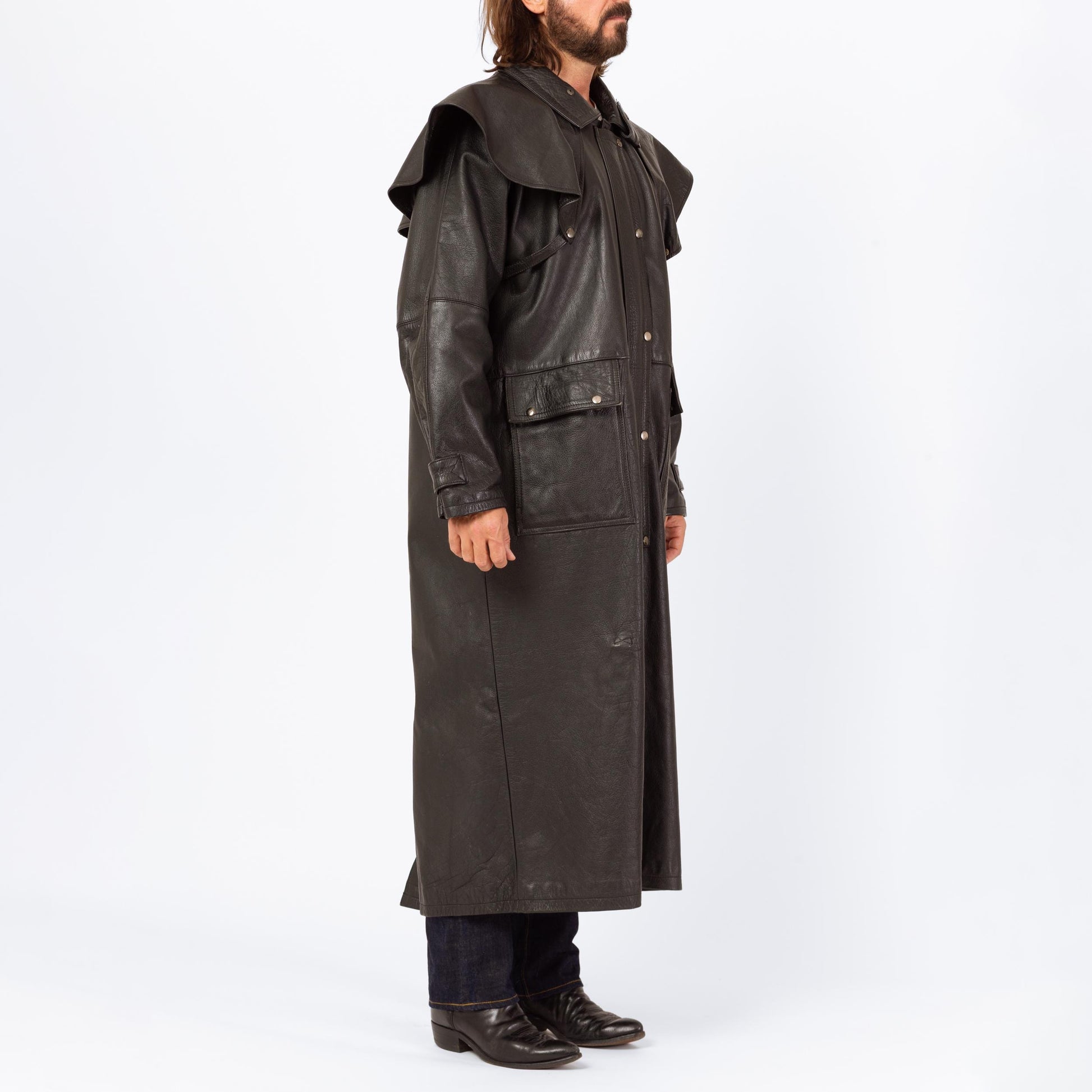 Vintage 90s Australian Stockman Black Leather Trench Coat - Large to XL | Cyber Goth Western Long Duster Jacket