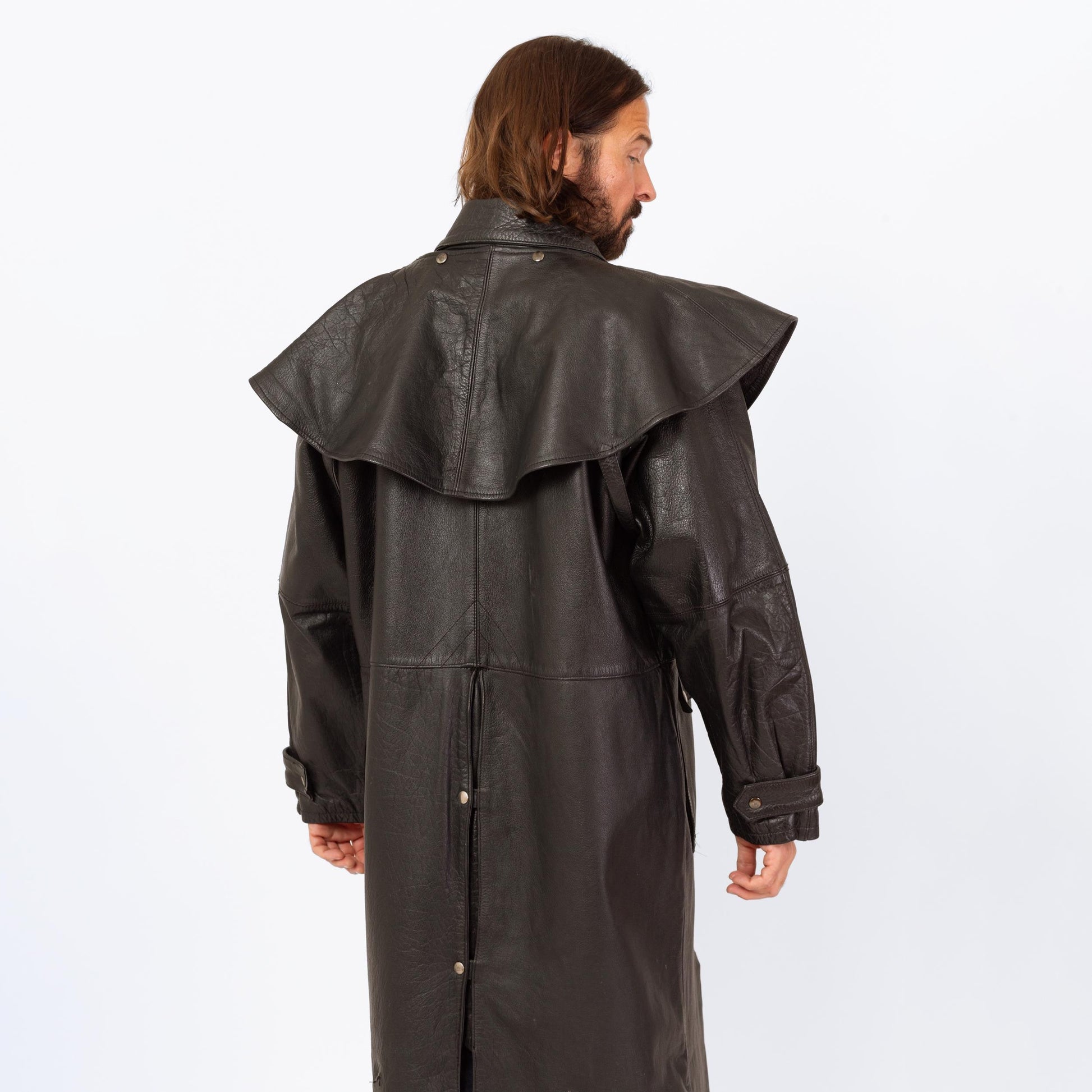 Vintage 90s Australian Stockman Black Leather Trench Coat - Large to XL | Cyber Goth Western Long Duster Jacket
