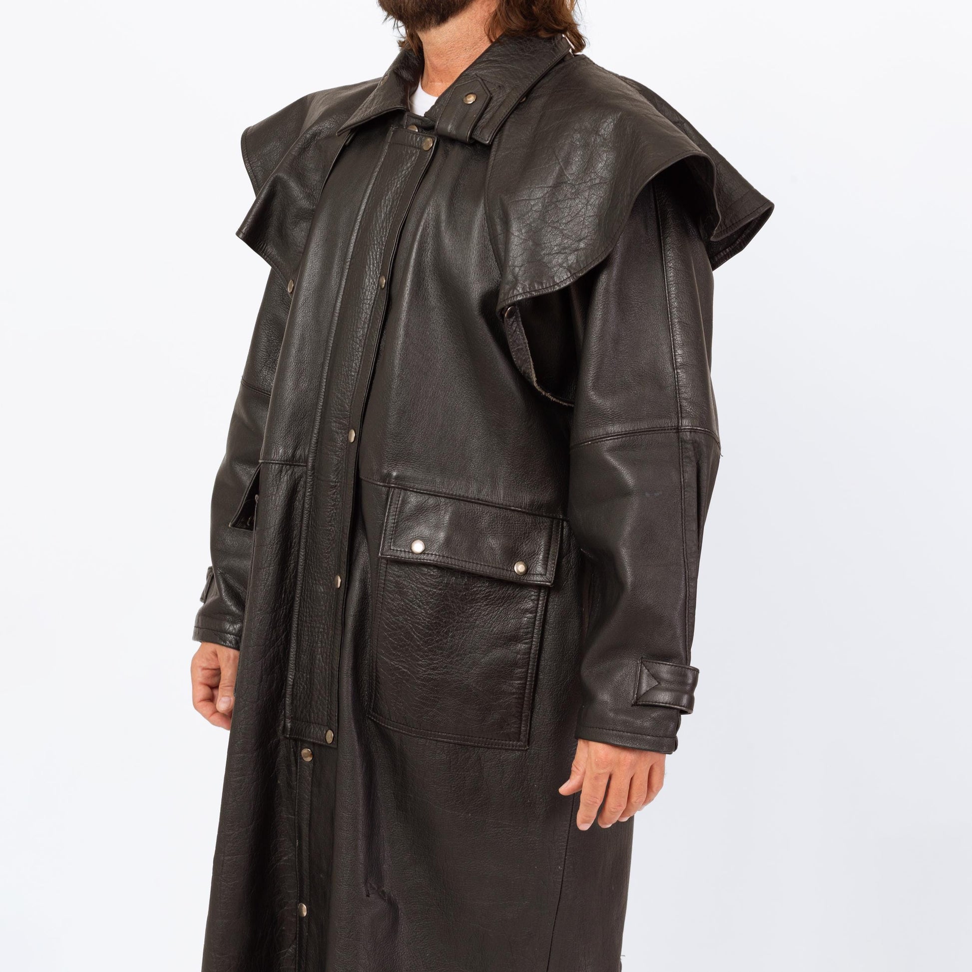 Vintage 90s Australian Stockman Black Leather Trench Coat - Large to XL | Cyber Goth Western Long Duster Jacket