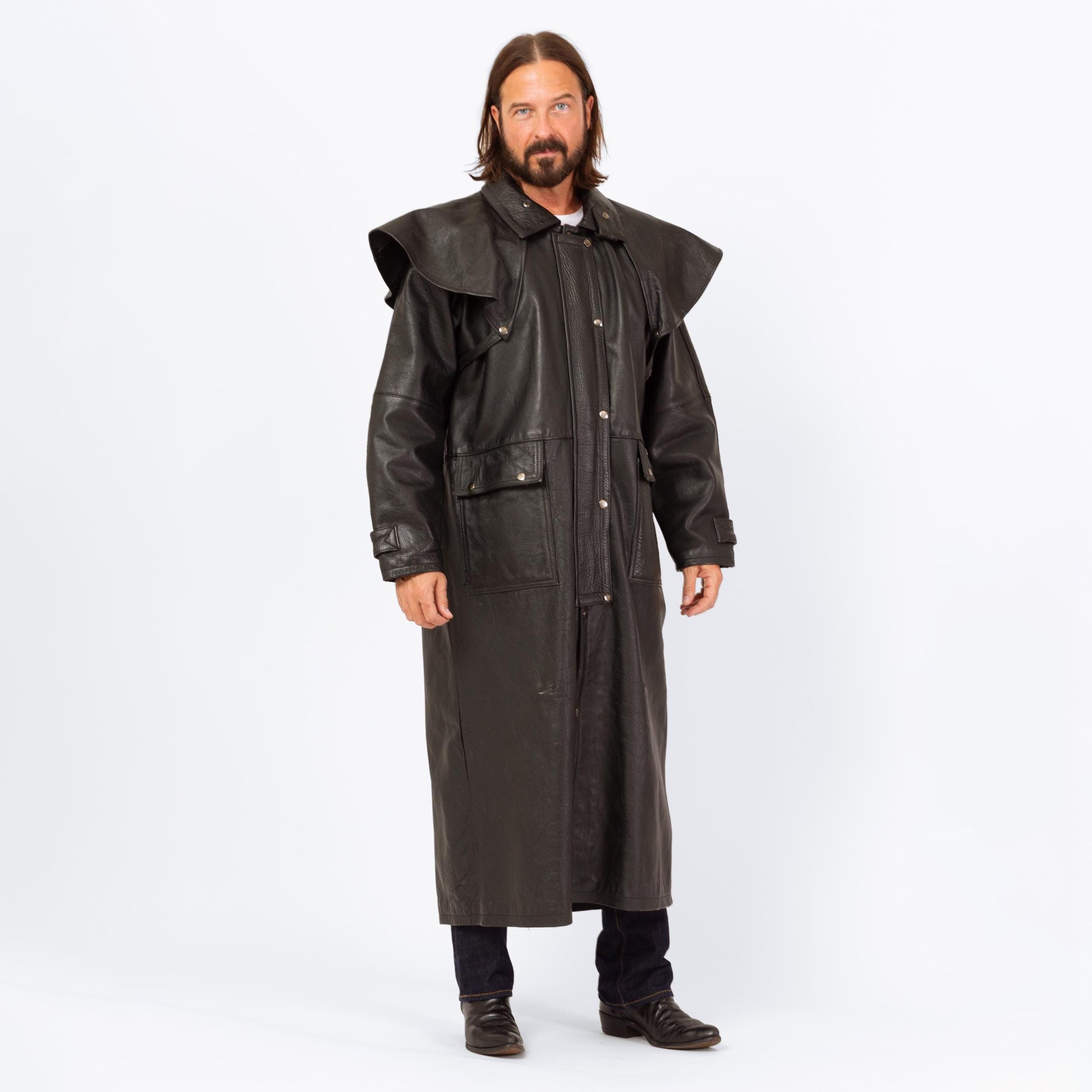 Vintage 90s Australian Stockman Black Leather Trench Coat - Large to XL | Cyber Goth Western Long Duster Jacket