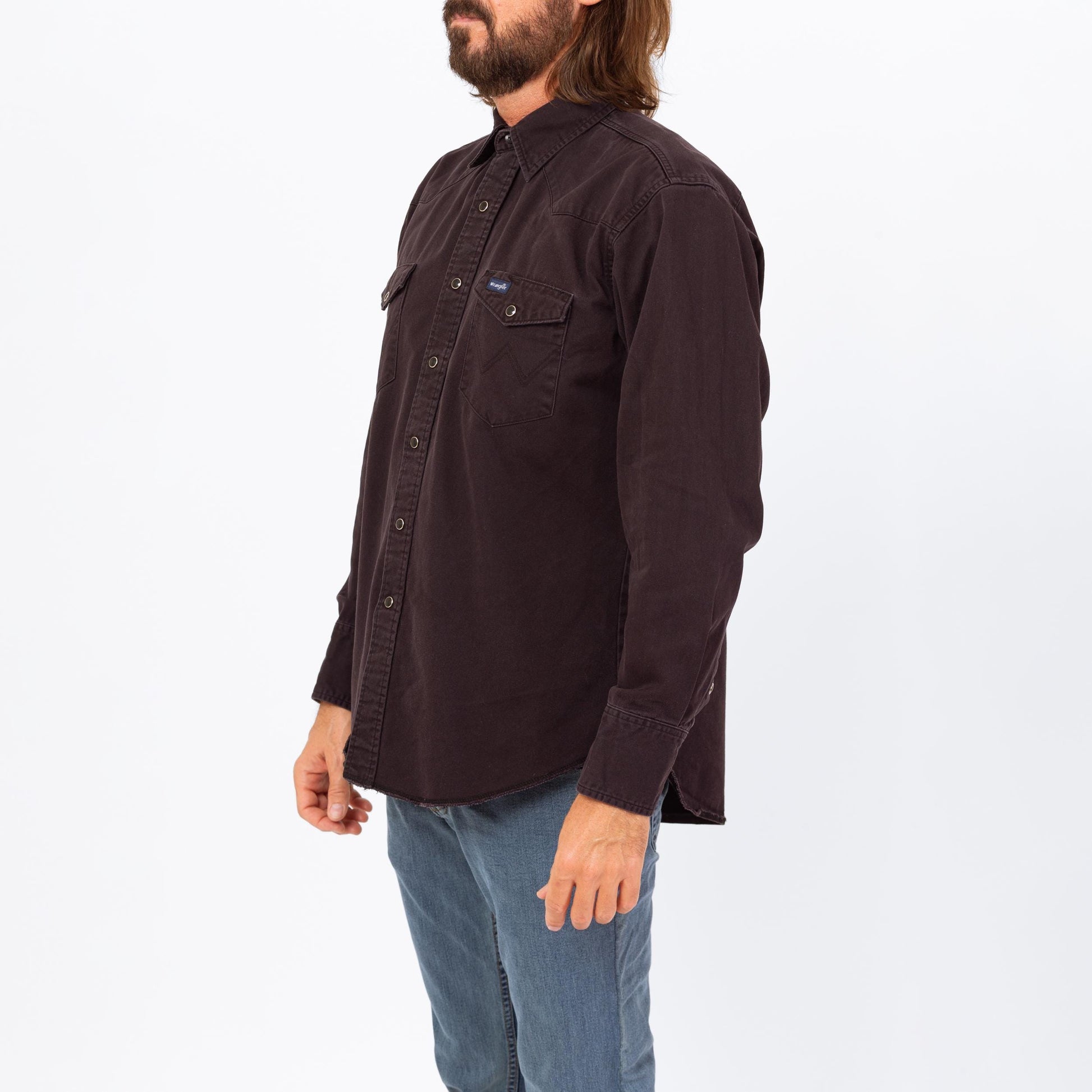 Vintage 80s Wrangler Black Pearl Snap Western Shirt - Large | Cotton Button Up Long Sleeve Collared Top
