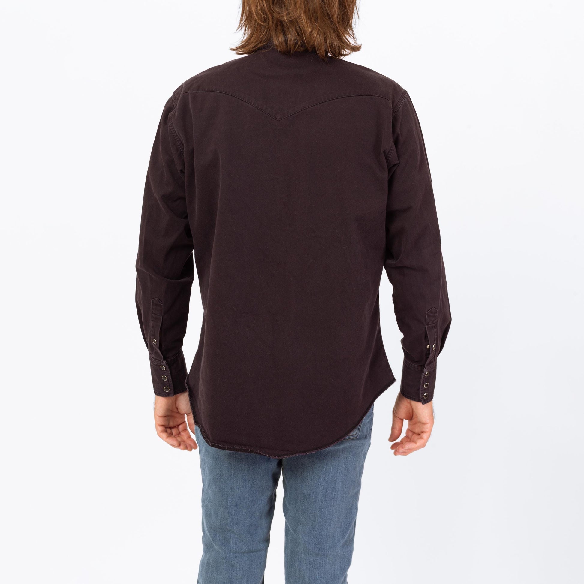 Vintage 80s Wrangler Black Pearl Snap Western Shirt - Large | Cotton Button Up Long Sleeve Collared Top
