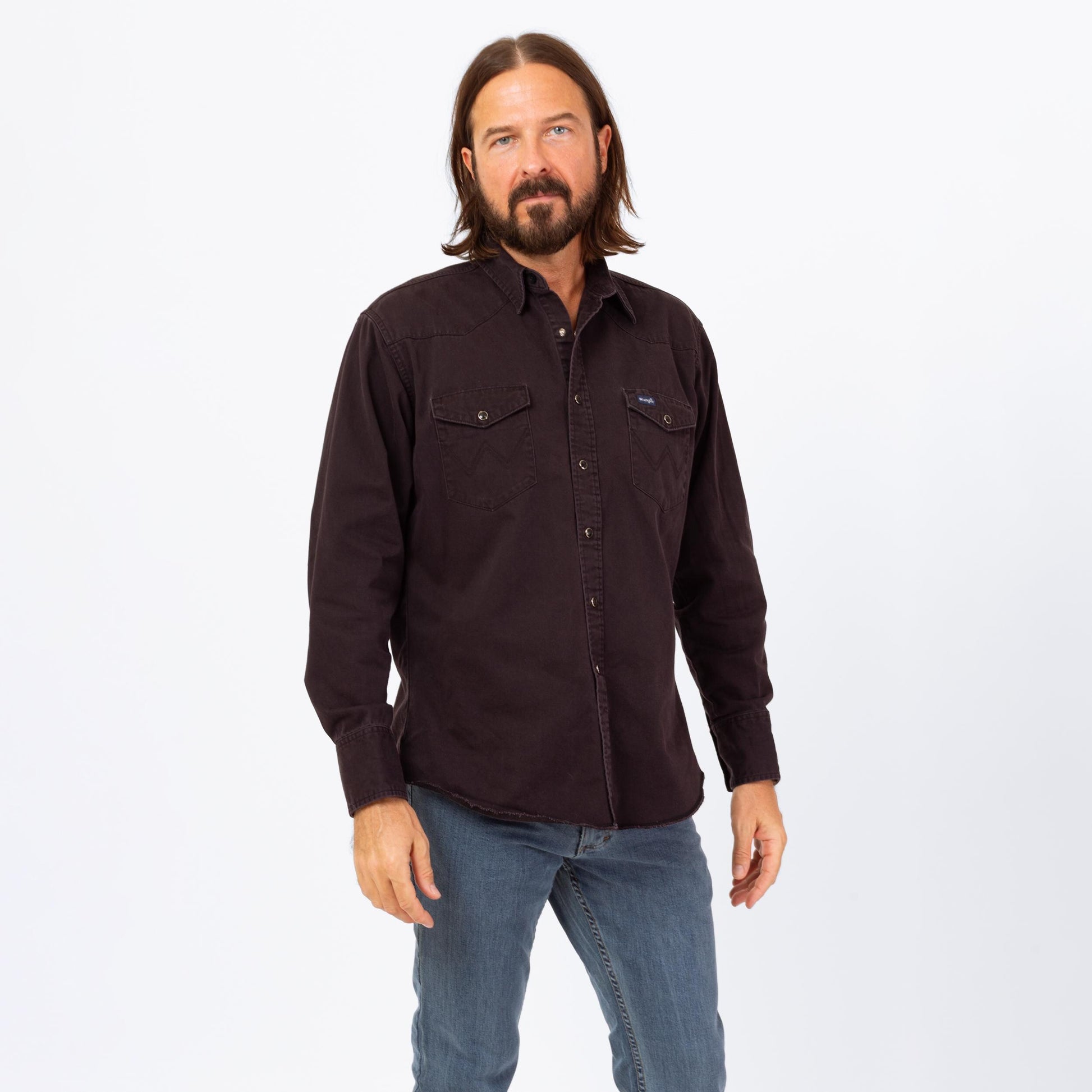 Vintage 80s Wrangler Black Pearl Snap Western Shirt - Large | Cotton Button Up Long Sleeve Collared Top