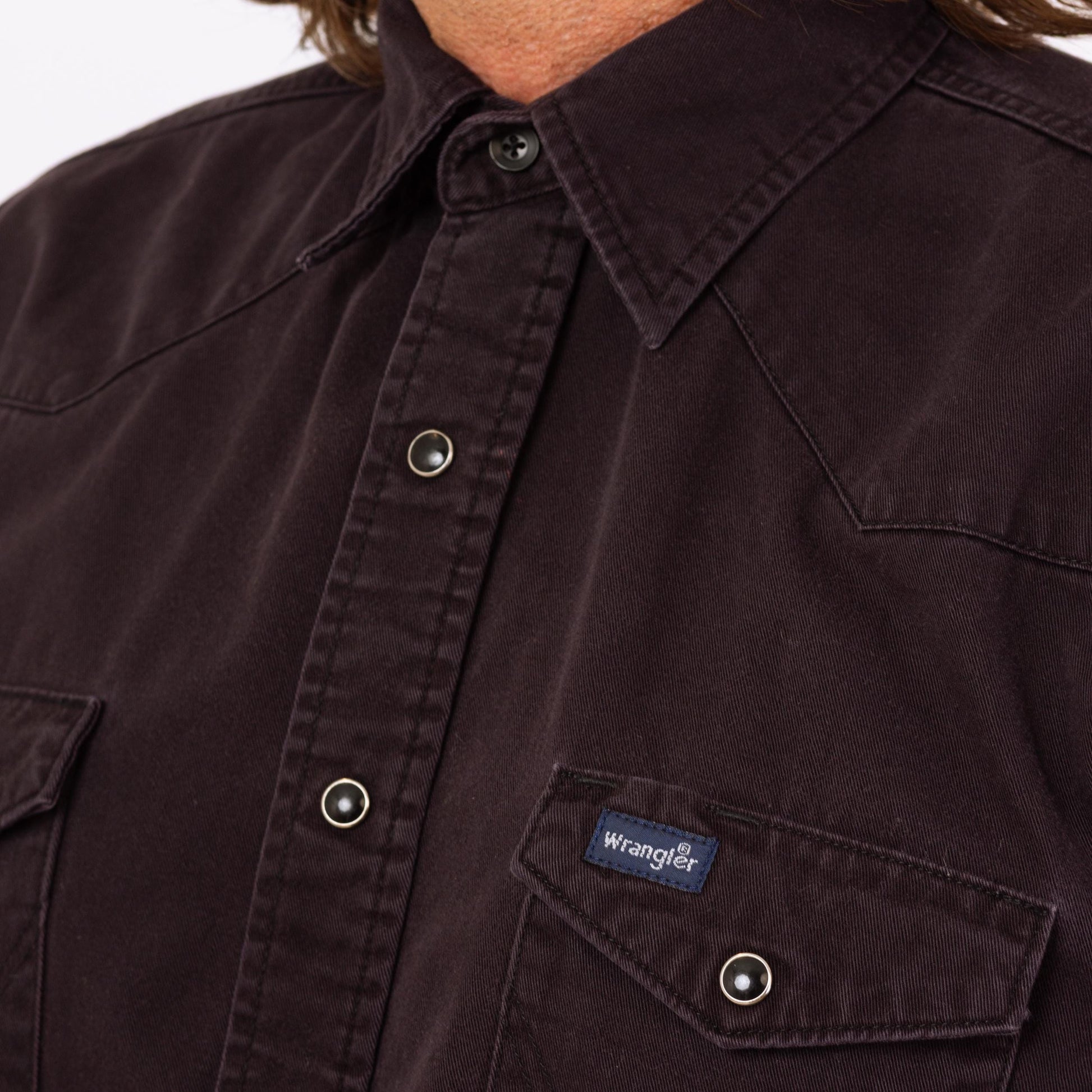 Vintage 80s Wrangler Black Pearl Snap Western Shirt - Large | Cotton Button Up Long Sleeve Collared Top