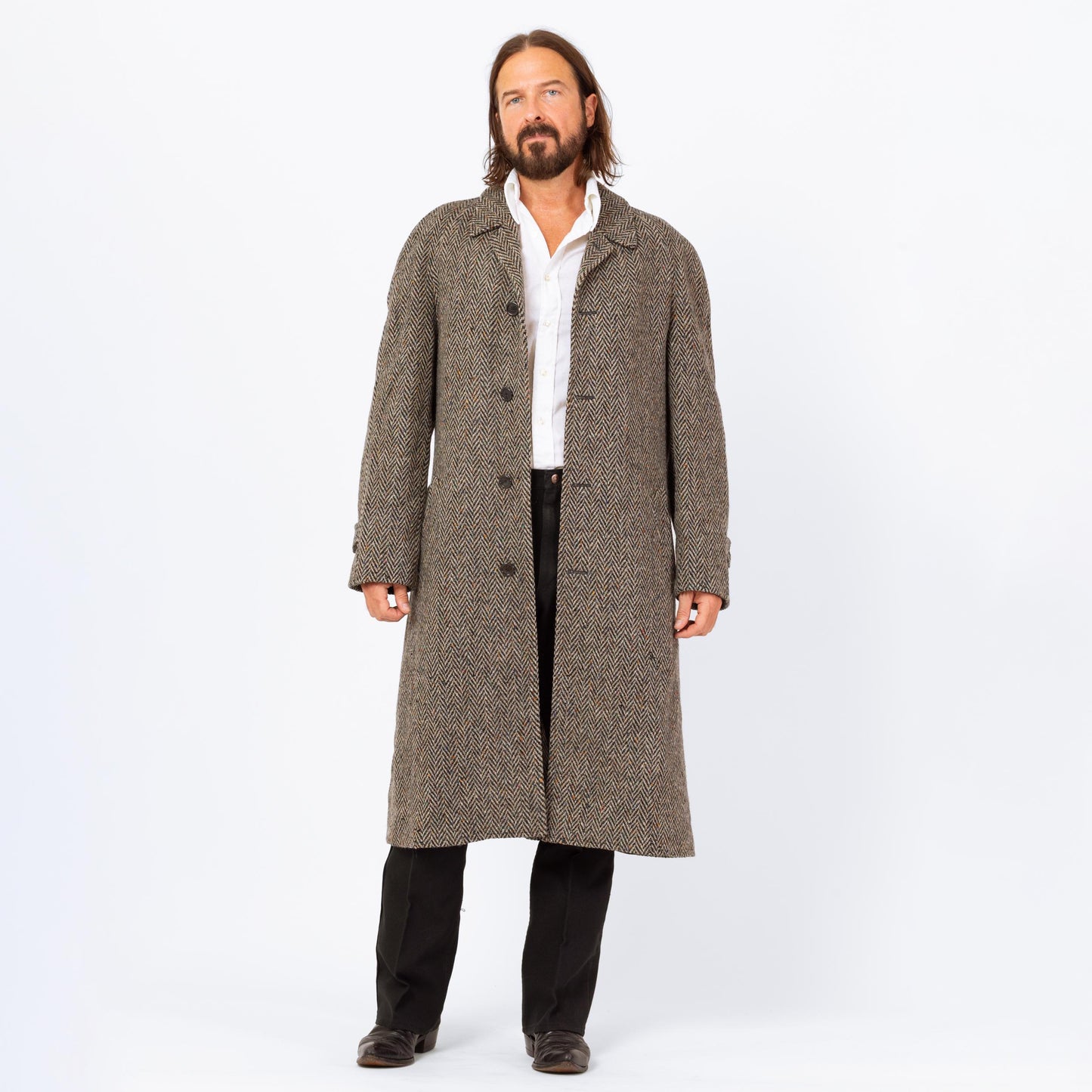 Vintage 70s 80s Herringbone Tweed Overcoat - Large | Single Breasted Belted Button Up Wool Coat