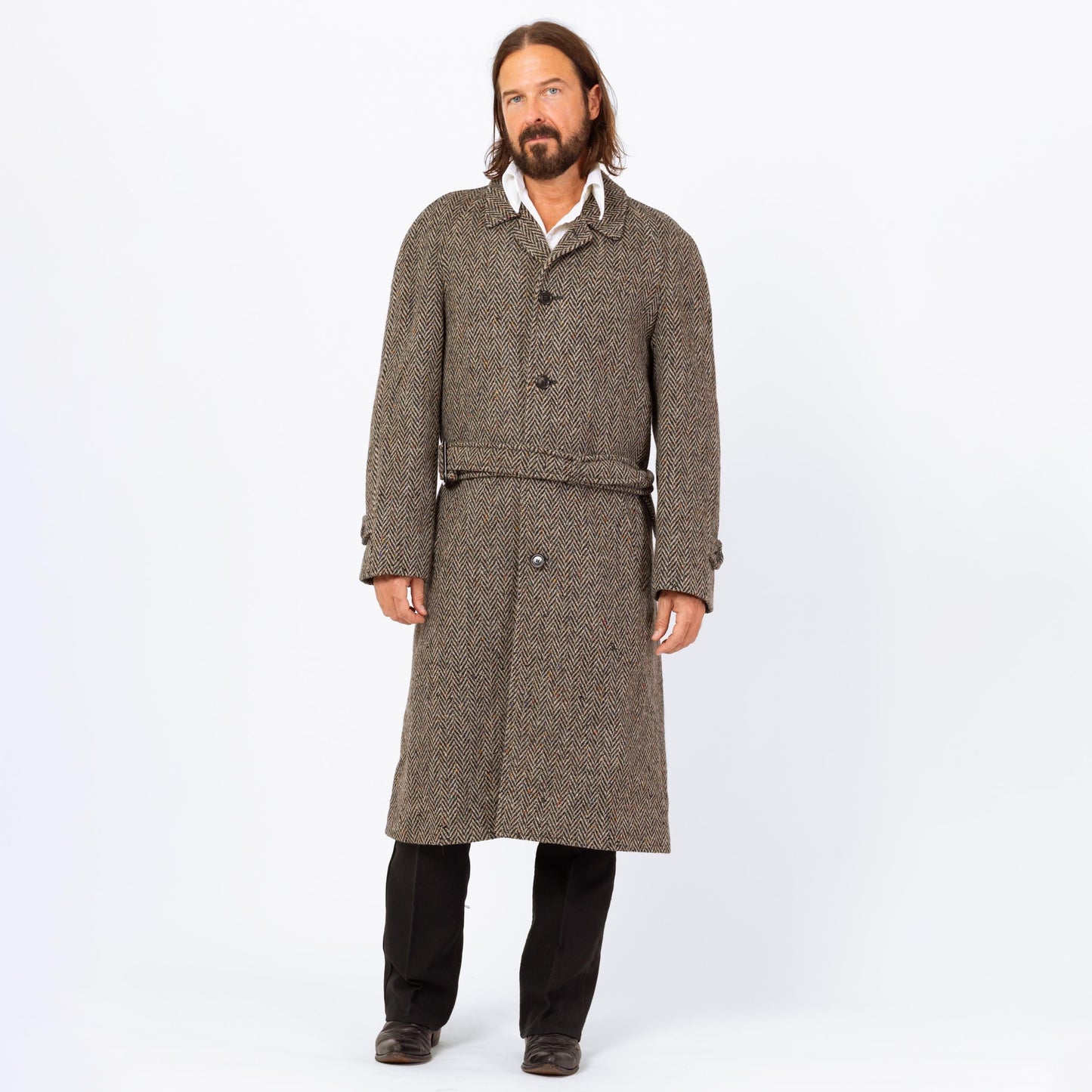 Vintage 70s 80s Herringbone Tweed Overcoat - Large | Single Breasted Belted Button Up Wool Coat