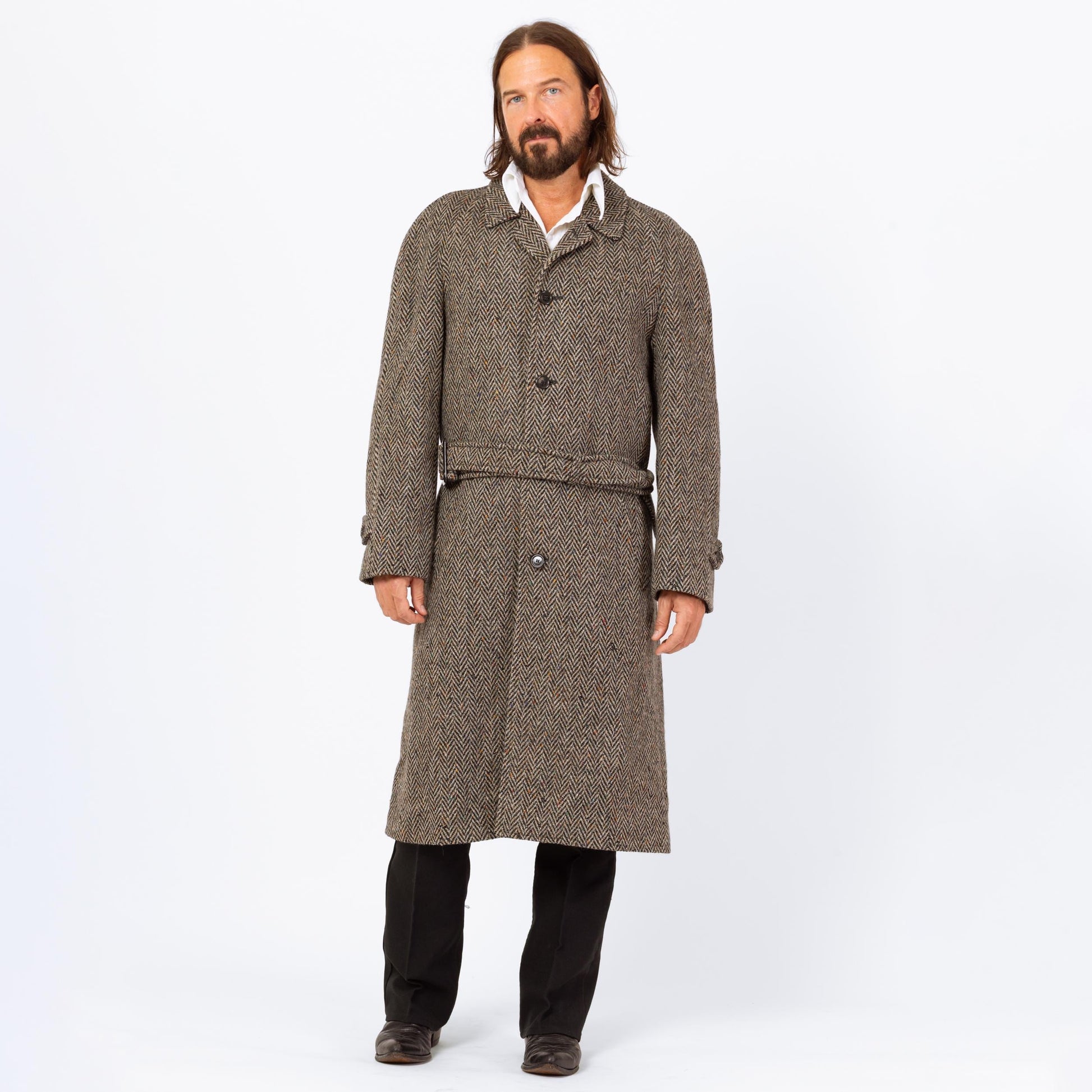 Vintage 70s 80s Herringbone Tweed Overcoat - Large | Single Breasted Belted Button Up Wool Coat
