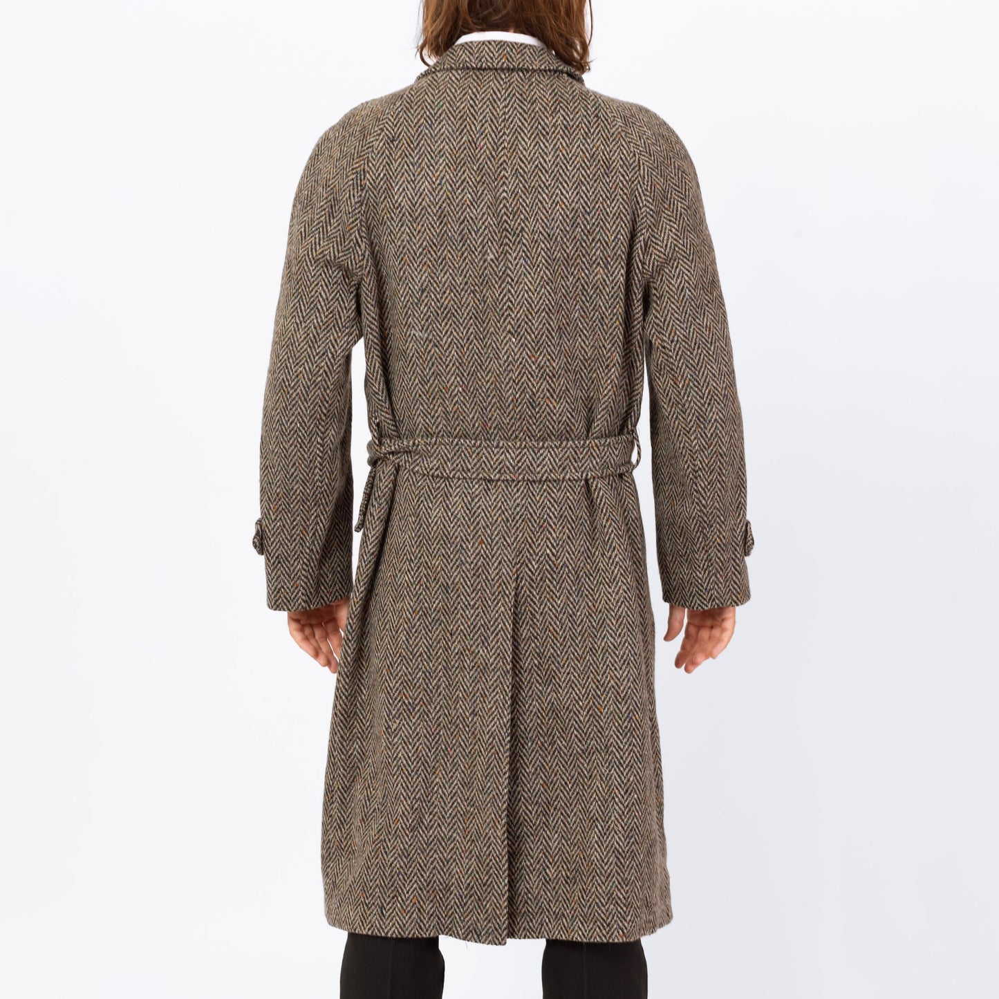 Vintage 70s 80s Herringbone Tweed Overcoat - Large | Single Breasted Belted Button Up Wool Coat