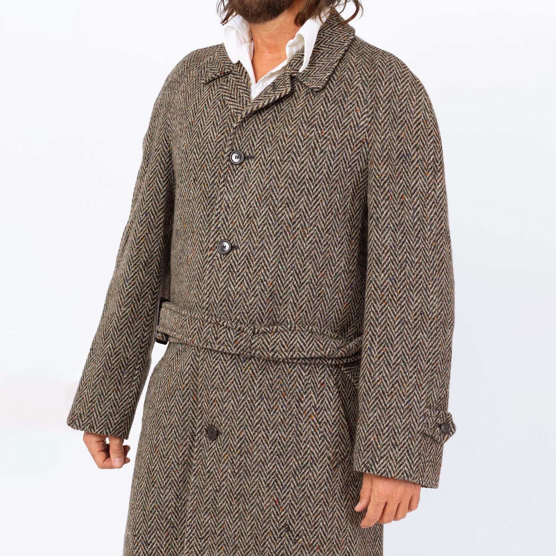 Vintage 70s 80s Herringbone Tweed Overcoat - Large | Single Breasted Belted Button Up Wool Coat