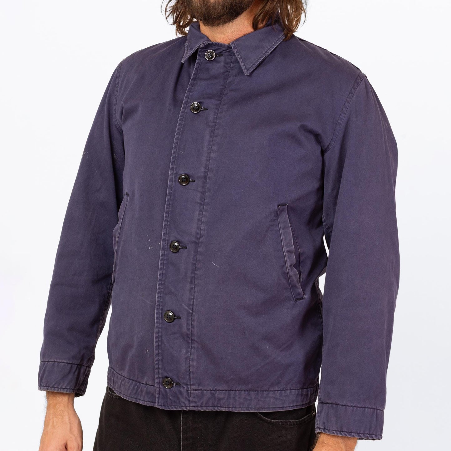 Vintage 70s US Navy Deck Jacket - Medium | Slate Blue Cotton Button Up Lightweight Utility Jacket