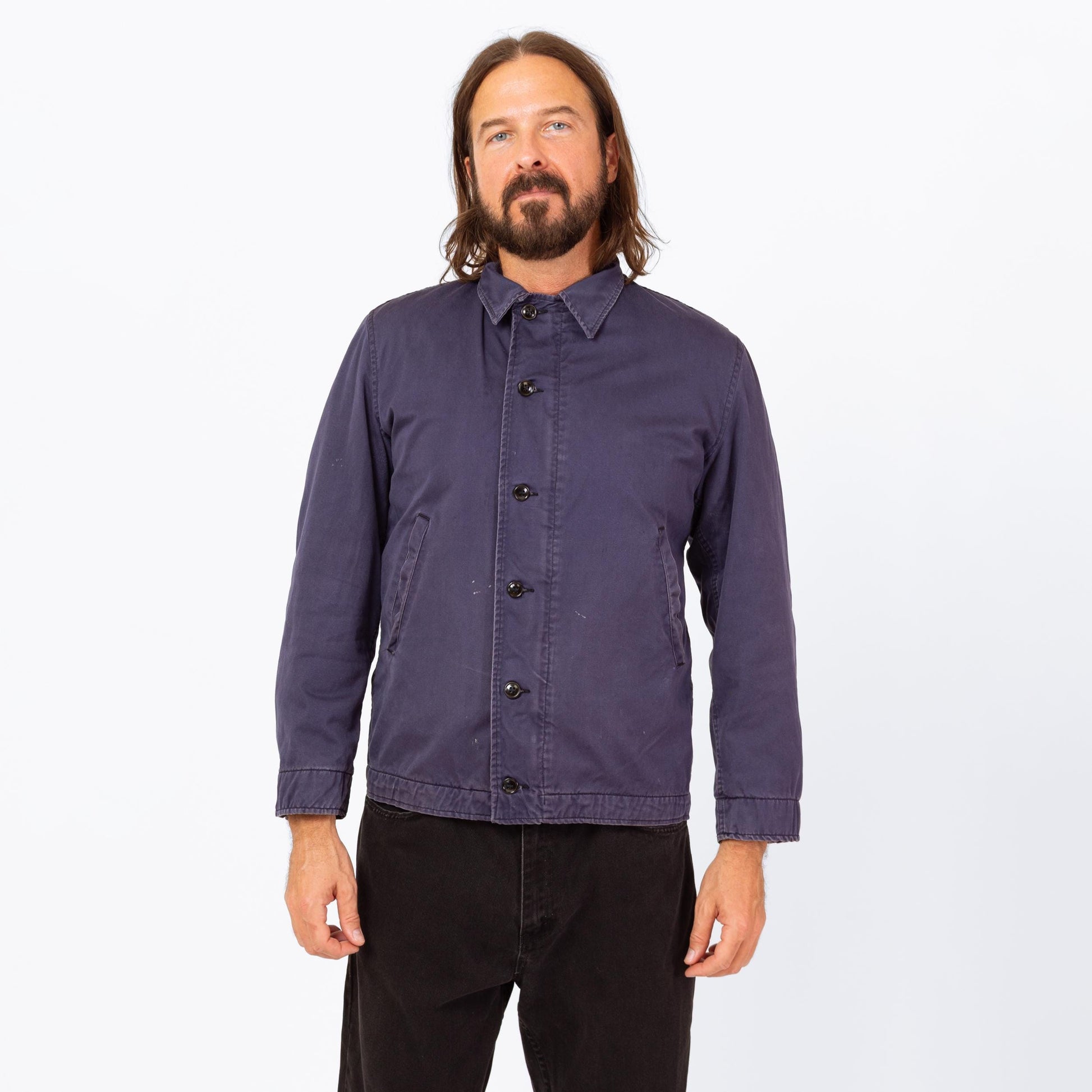 Vintage 70s US Navy Deck Jacket - Medium | Slate Blue Cotton Button Up Lightweight Utility Jacket