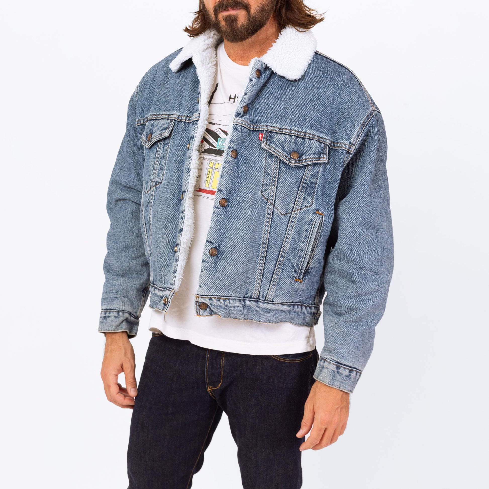Vintage Levi's Denim Sherpa Jacket - Medium | Stonewashed Shearling Lined Blue Jean Grunge Trucker Coat