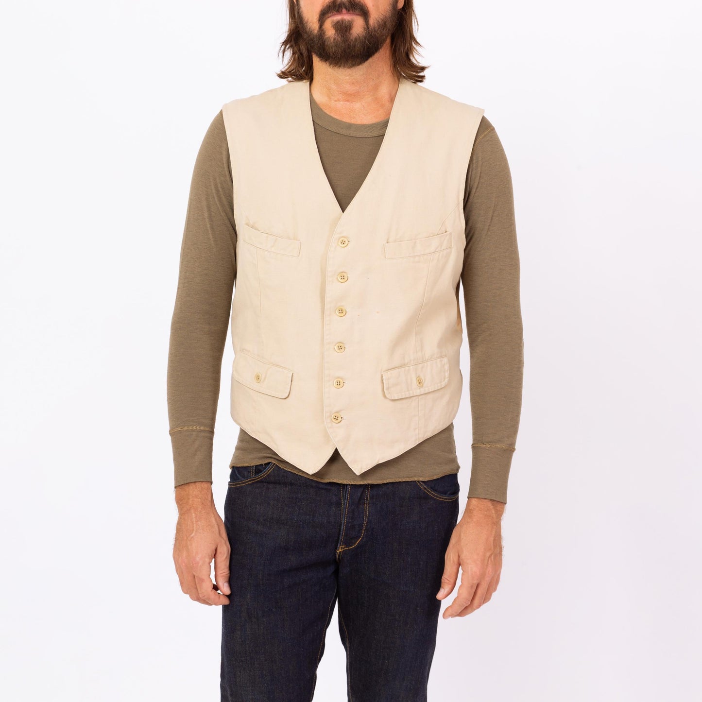 Vintage 90s Polo Ralph Lauren Khaki Vest - Large | Western Wear Cream Cotton Vest, Sleeveless Button Up Layering Shirt
