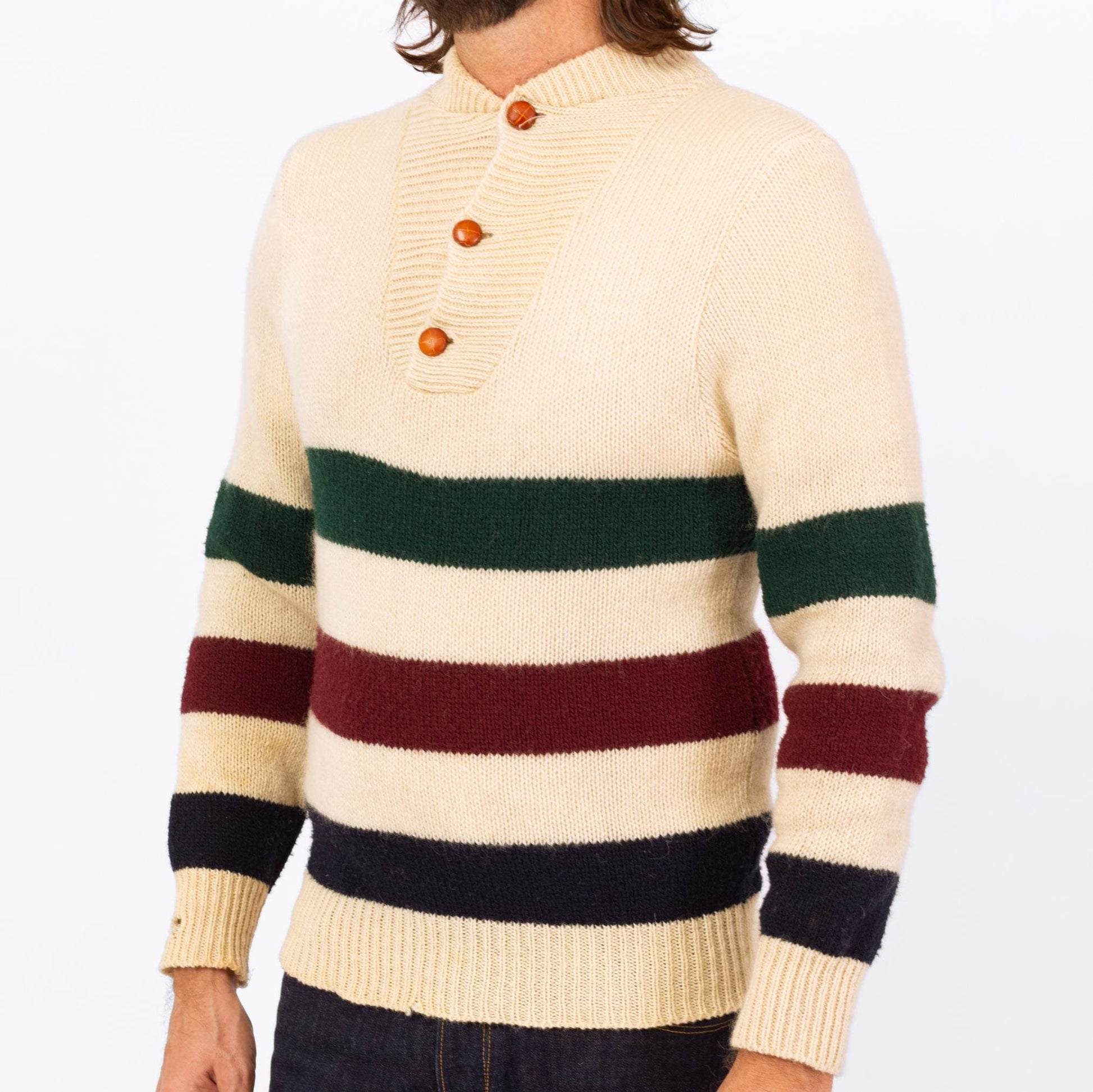 Vintage 70s Striped Knit Henley Sweater - Small | Button Up Long Sleeve Wool Pullover