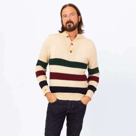 Vintage 70s Striped Knit Henley Sweater - Small | Button Up Long Sleeve Wool Pullover