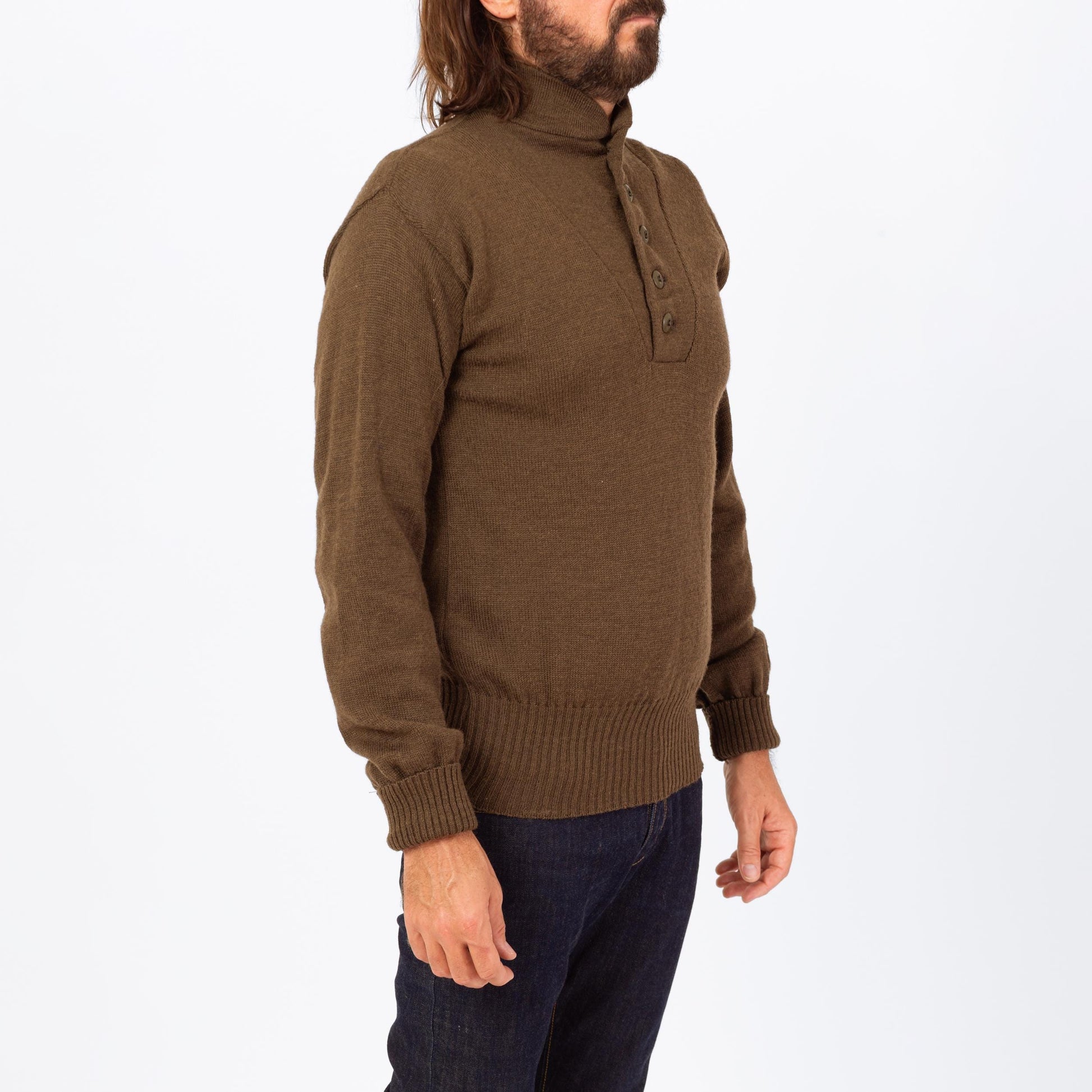 Vintage 90s Olive Wool Military Henley Sweater - Large | US Army Long Sleeve Fitted Pullover