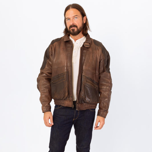 Vintage 80s Brown Leather Bomber Jacket - Extra Large | Berman's Zip Up Oversize Aviator Moto Coat
