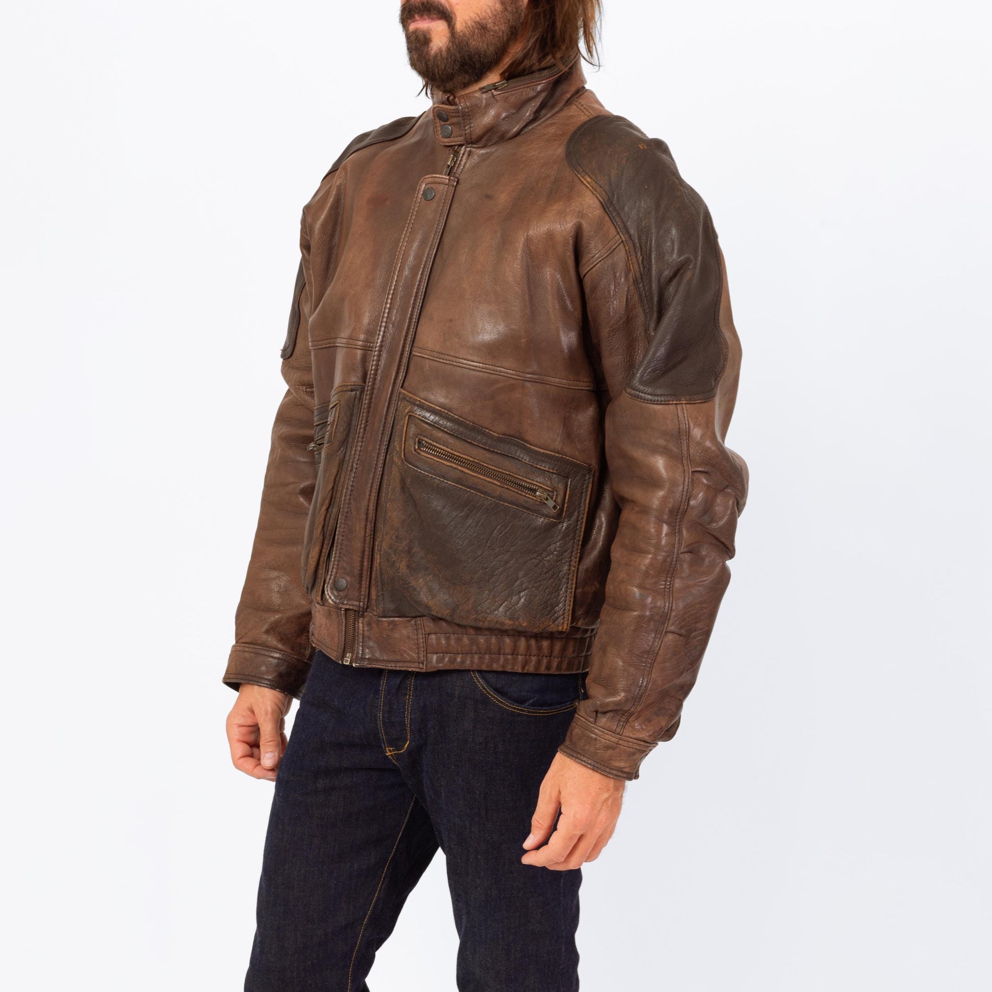 Vintage 80s Brown Leather Bomber Jacket - Extra Large | Berman's Zip Up Oversize Aviator Moto Coat