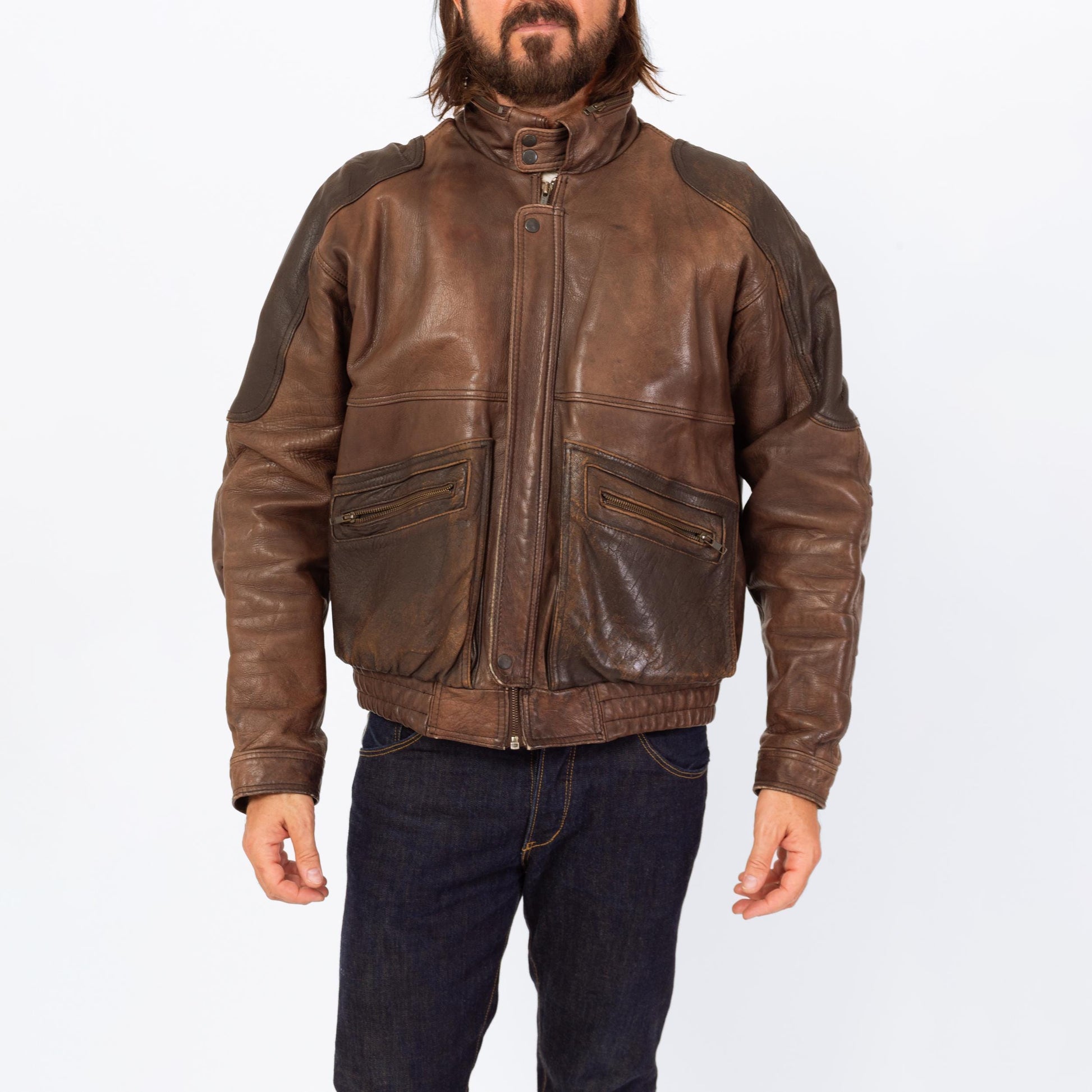 Vintage 80s Brown Leather Bomber Jacket - Extra Large | Berman's Zip Up Oversize Aviator Moto Coat