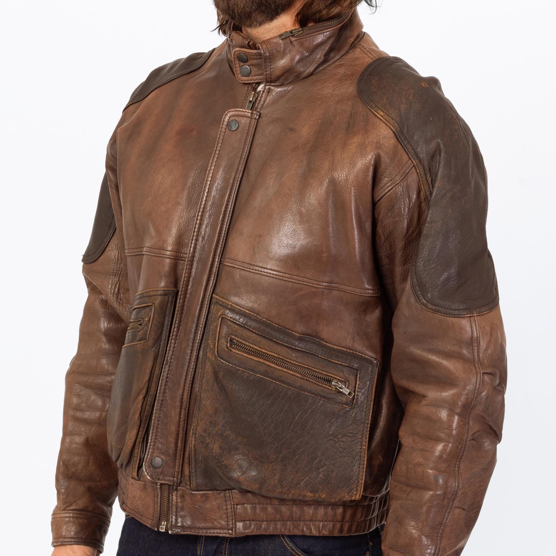 Vintage 80s Brown Leather Bomber Jacket - Extra Large | Berman's Zip Up Oversize Aviator Moto Coat