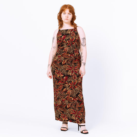 Vintage 90s Boho Black Tropical Floral Maxi Dress - Large | Batik Print Spaghetti Strap Summer Sundress