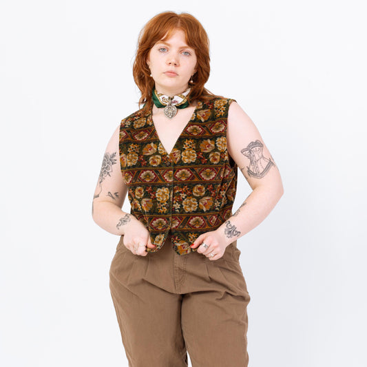 Vintage 90s Floral Corduroy Crop Top Vest - Medium | Boho Grunge Clothing, Jewel Tone Tapestry Print Sleeveless Shirt