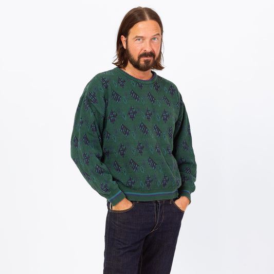 Vintage 90s Ralph Lauren Green Cotton Knit Sweater - Large | Chaps Argyle Diamond Knit Slouchy Pullover Grandpa Sweater