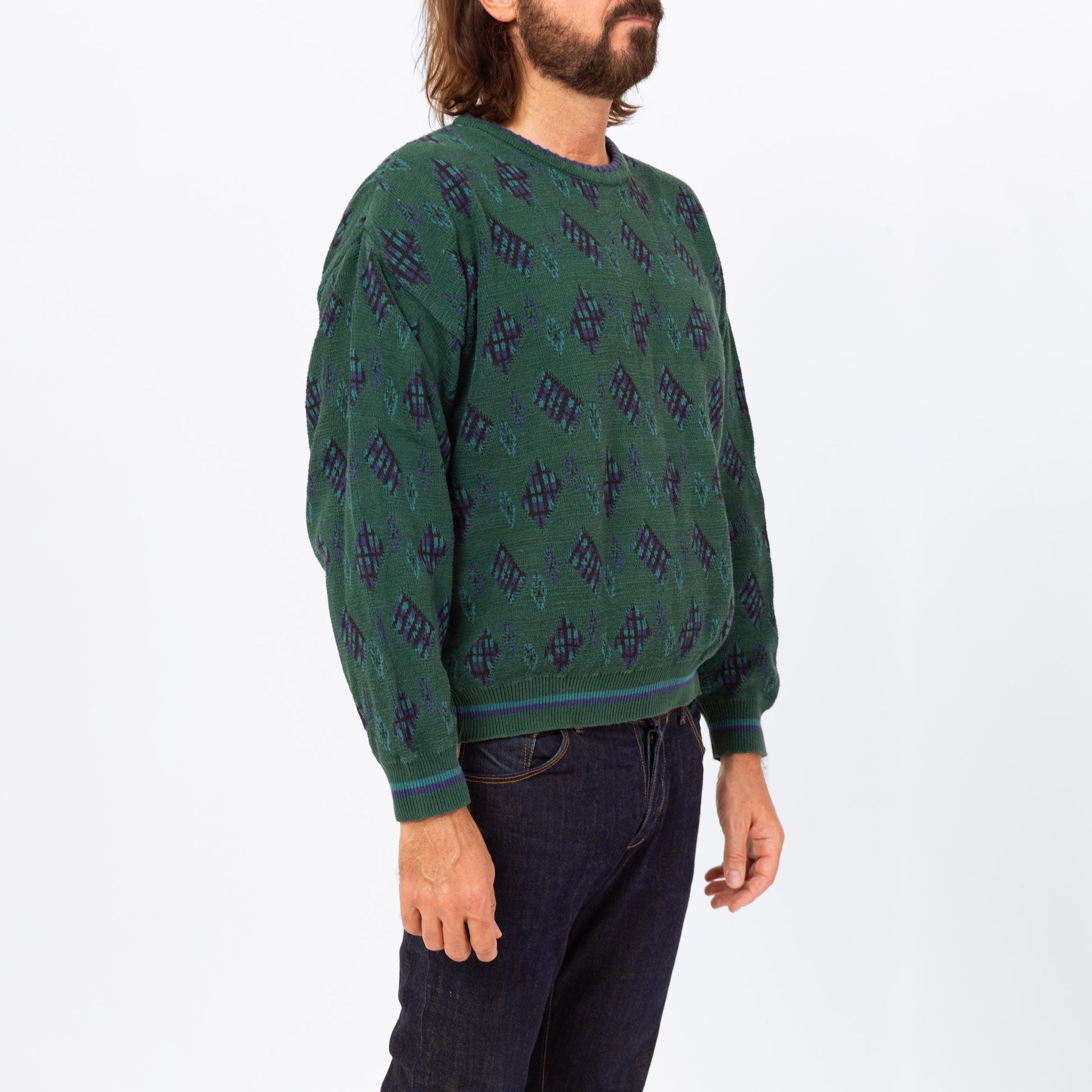 Vintage 90s Ralph Lauren Green Cotton Knit Sweater - Large | Chaps Argyle Diamond Knit Slouchy Pullover Grandpa Sweater