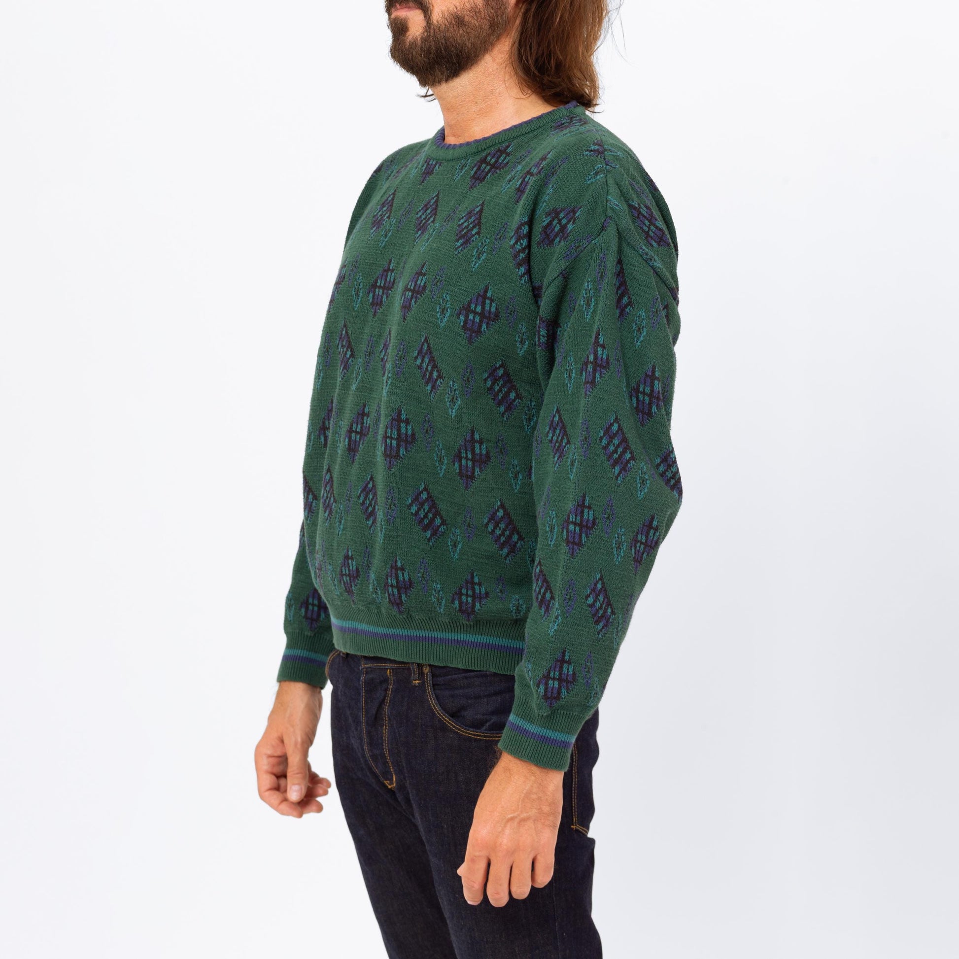 Vintage 90s Ralph Lauren Green Cotton Knit Sweater - Large | Chaps Argyle Diamond Knit Slouchy Pullover Grandpa Sweater