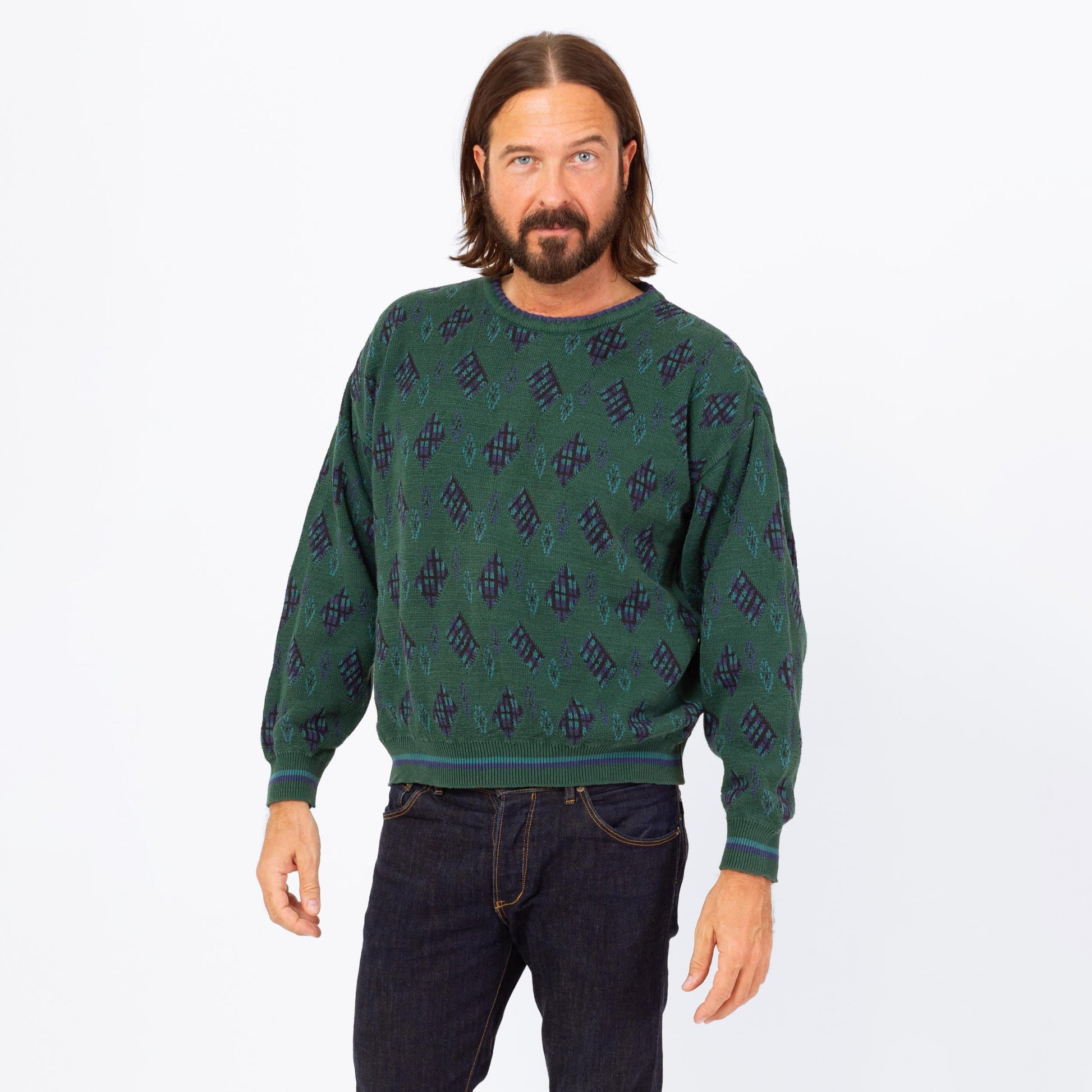 Vintage 90s Ralph Lauren Green Cotton Knit Sweater - Large | Chaps Argyle Diamond Knit Slouchy Pullover Grandpa Sweater