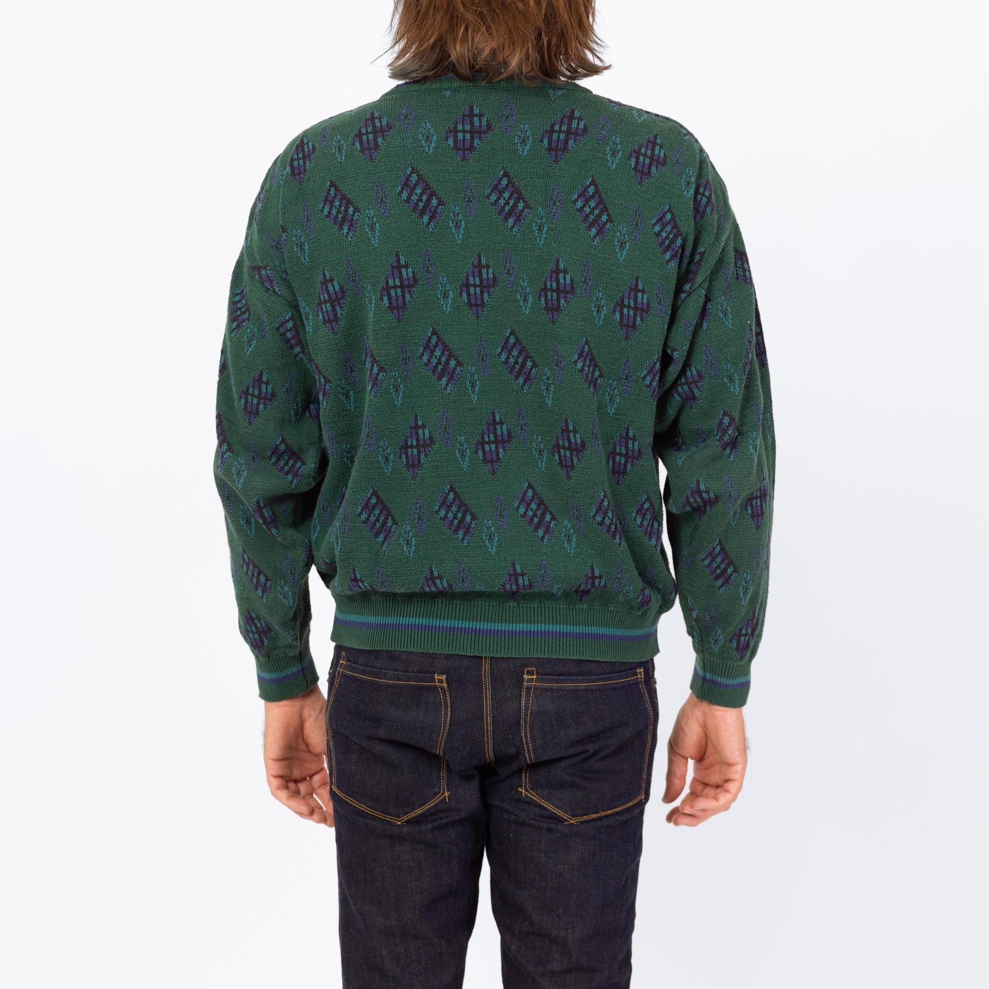 Vintage 90s Ralph Lauren Green Cotton Knit Sweater - Large | Chaps Argyle Diamond Knit Slouchy Pullover Grandpa Sweater